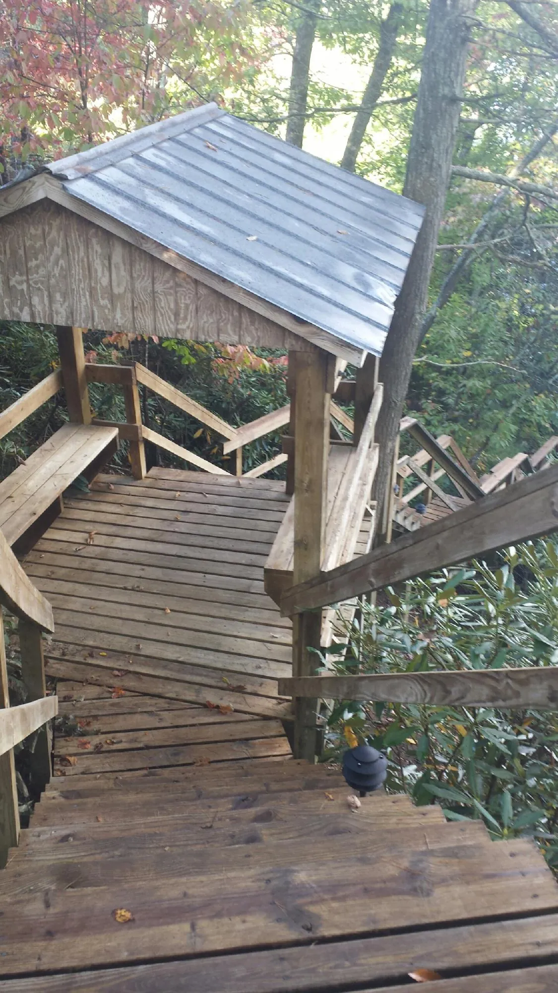 Metal roofed shelter over wooden steps on a wooded walkway — Skylight Repair & Installation work by our crew in Maytown
